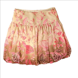 Fairycore Floral Leaf Mini Skirt Y2K Bubble Hem Zip-Up Pink Gold Brown Size 5/6